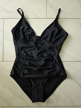 Nicole Miller Black One-Piece Swimsuit with Gold Logo Plate